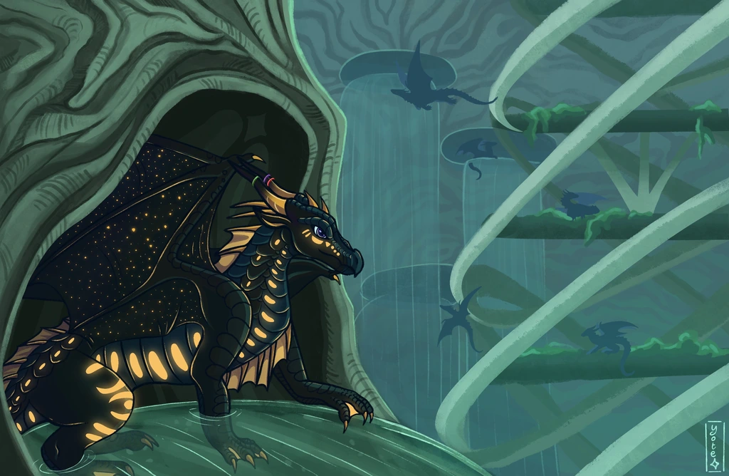 A drawing of a SeaWing-NightWing hybrid dragon in the SeaWing palace from Wings of Fire.