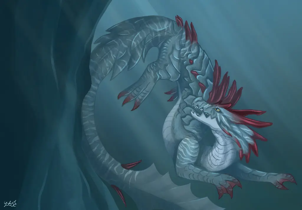 A drawing of a Lagiacrus swimming underwater.